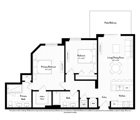Floor plan for 2 beds, 2 baths, 1029 sqft